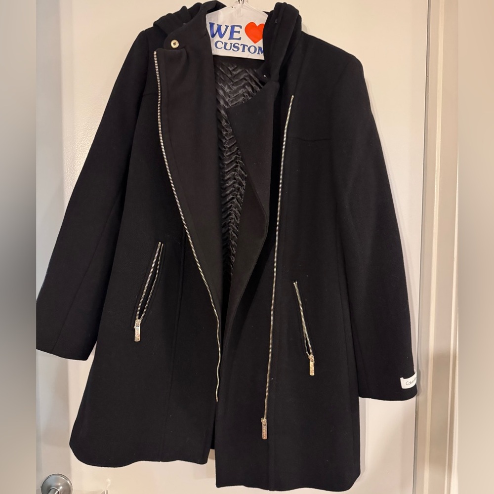 Calvin Klein Black Trench Coat with Zipper Accents